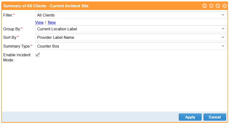 The Client Summary dashboard gadget with one of the new options selected