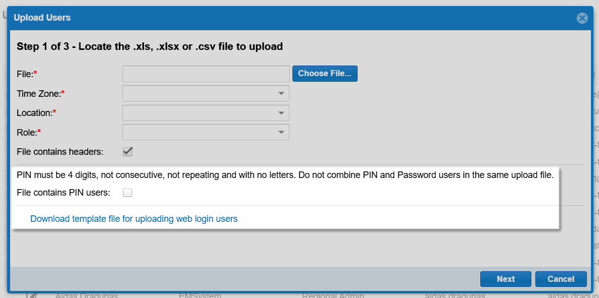 The Upload Users window with a link to download a template The Upload Users window with a link to download a template