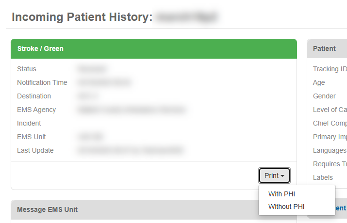 The new print options on the Incoming Patient History page