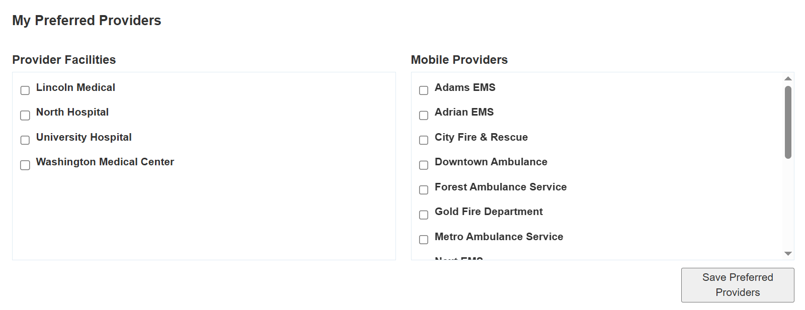 Two lists of preferred providers with checkboxes next to each provider name