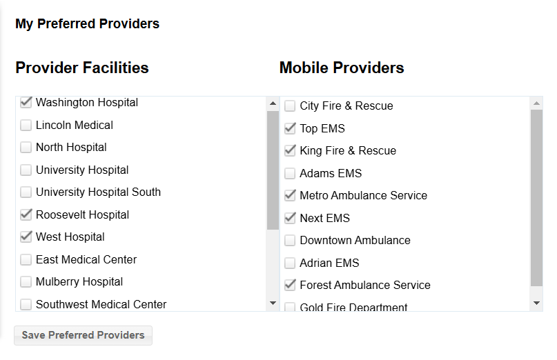Two lists of preferred providers with checkboxes next to each provider name