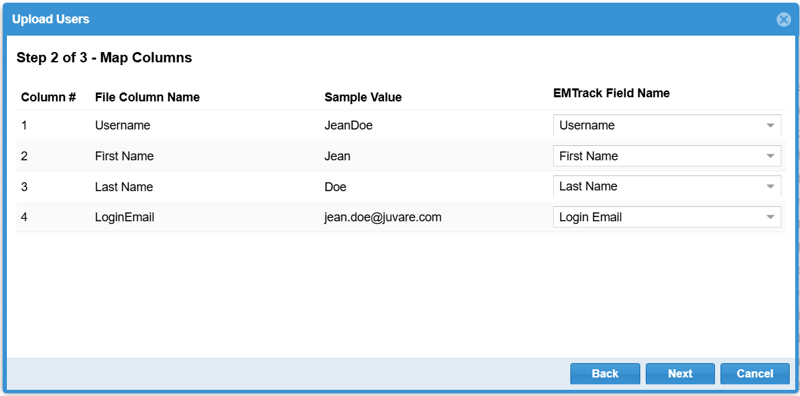 The Map Columns step on the Upload Users window The Map Columns step on the Upload Users window