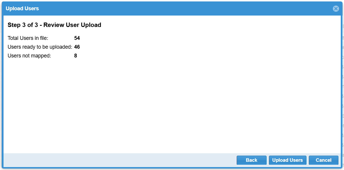 The Review User Upload step on the Upload Users window The Review User Upload step on the Upload Users window