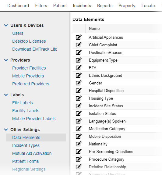 EMTrack System Settings Data Elements