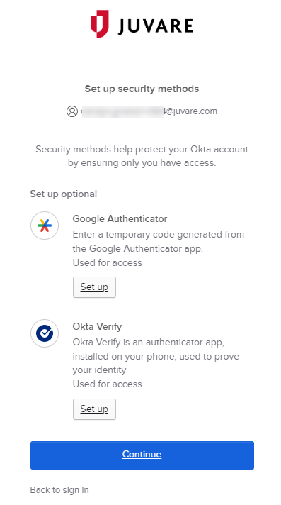 Set up security methods screen with the Okta Verify option.
