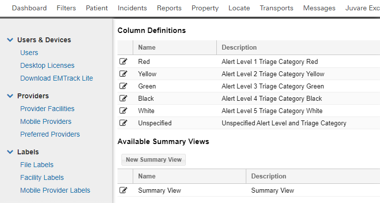 EMTrack System Settings Edit View Columns
