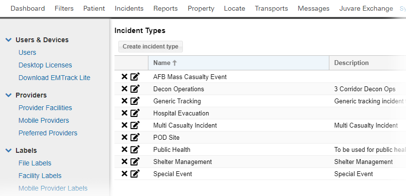 EMTrack System Settings Create an Incident Type Preview