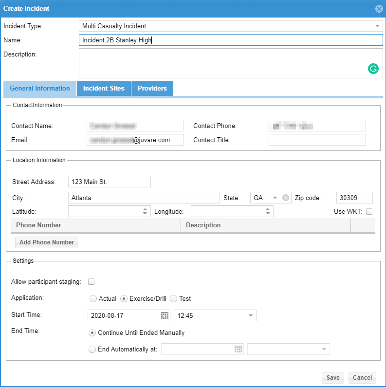 The Create Incident dialog, showing General Information settings.