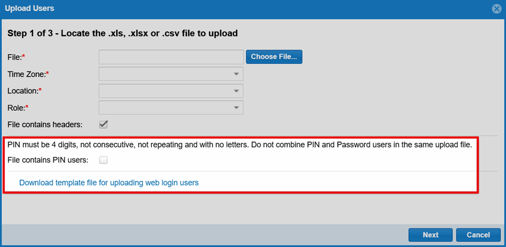 The Upload Users window with a link to download a template