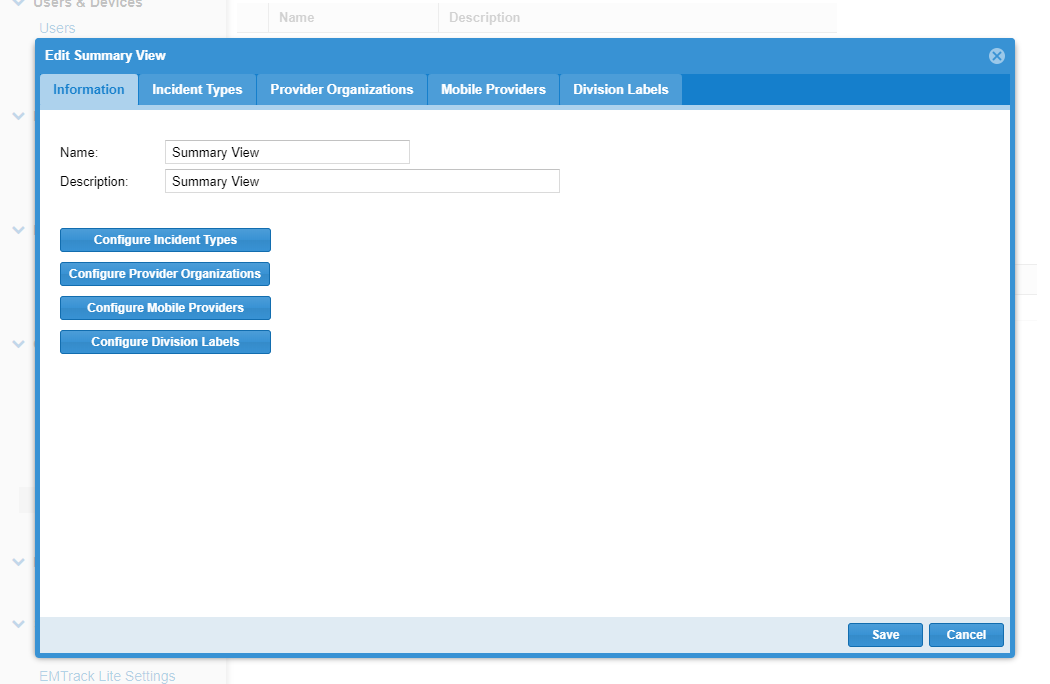 EMTrack System Settings Edit Summary View