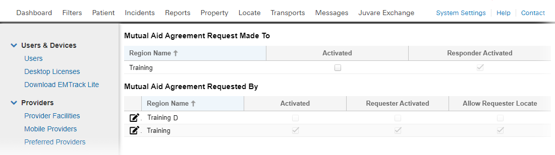 EMTrack System Settings Mutual Aid Activation