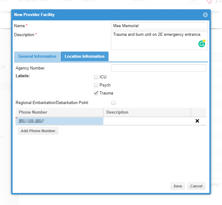EMTrack Create a Provider Facility