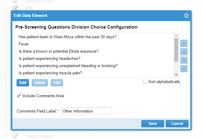 EMTrack System Settings Manage Data Elements