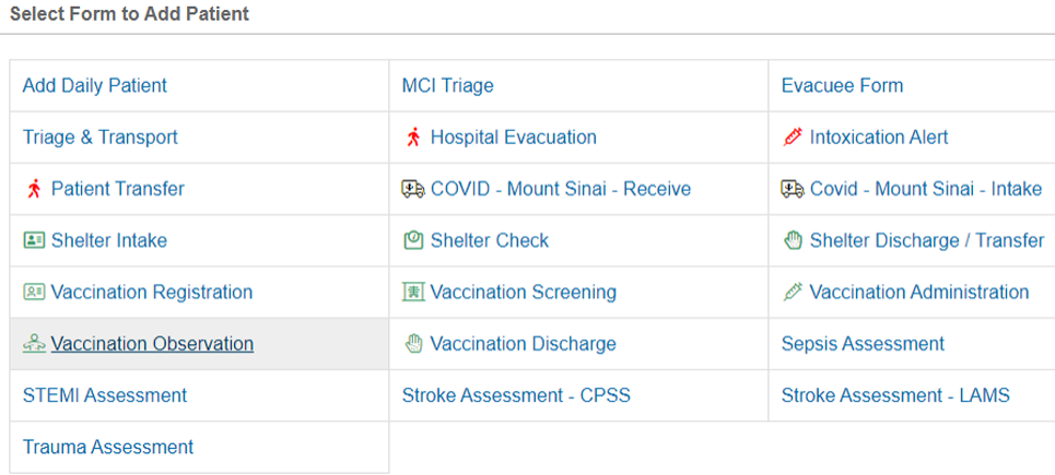 Select Form to Add Patient options.