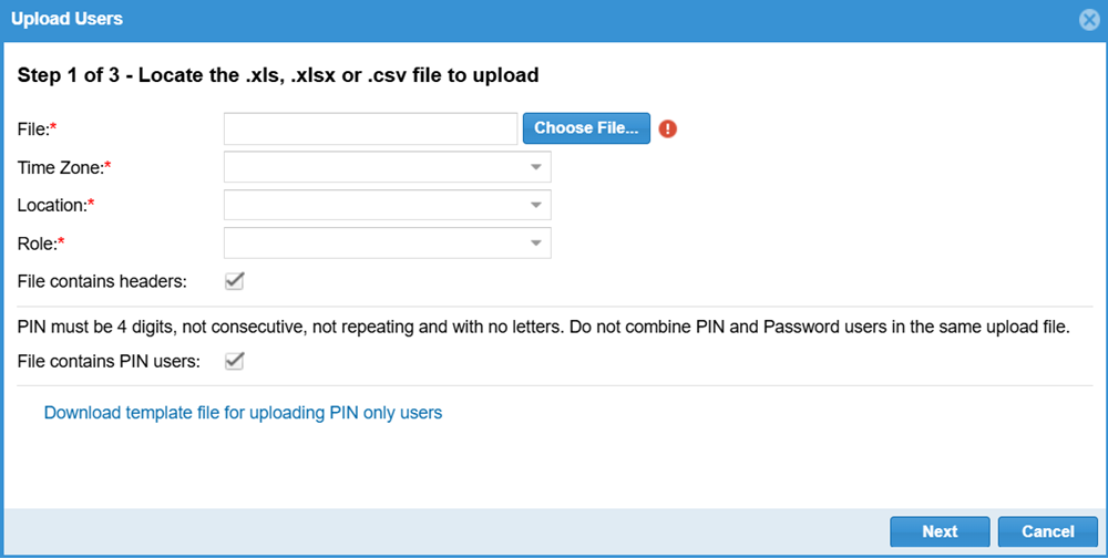 The Upload Users window The Upload Users window