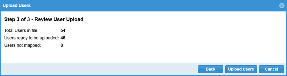 The Review User Upload step on the Upload Users window