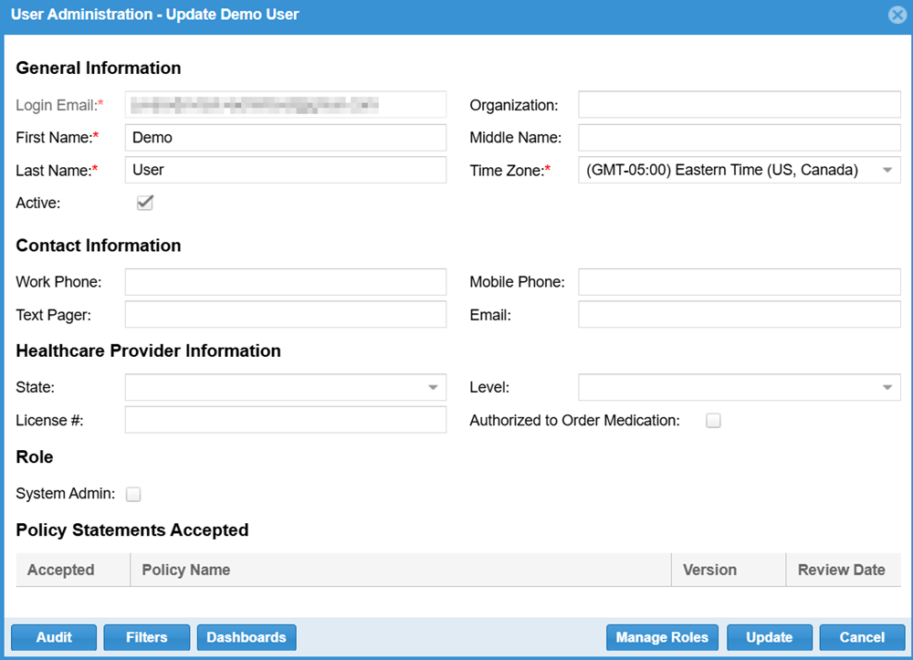 The User Administration - Update window