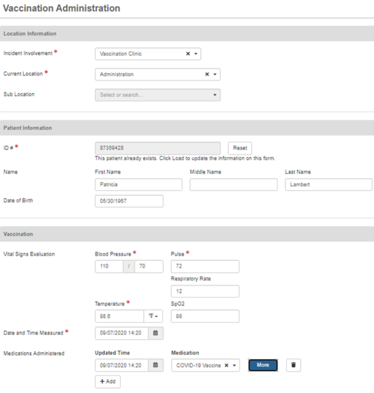 Vaccination form fields.