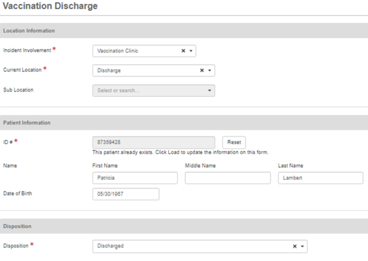 Vaccination Discharge form fields.