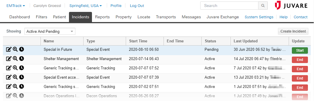 EMTrack Incidents Tab