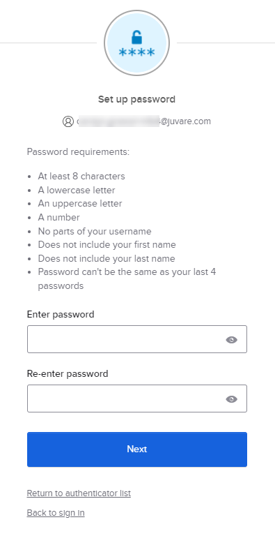 Juvare "Set up password" screen.