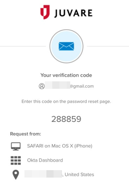 Juvare "Your verification code" screen.