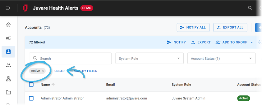 The Accounts page with a callout around the Active filter label.