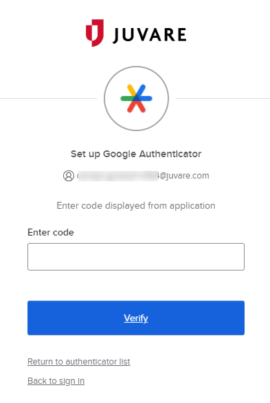 Juvare "Set up Google Authenticator" code entry screen.