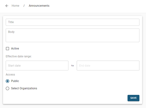 The Announcements page, showing the available fields.