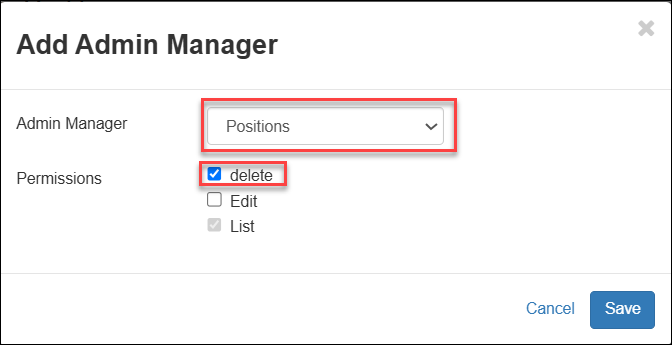Positions Admin Manager configuration