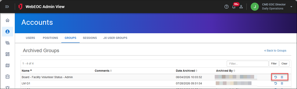 Archived groups page options