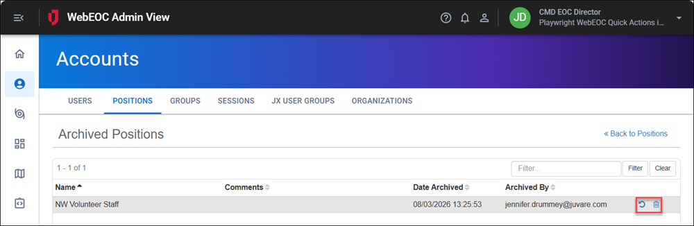 Archived positions page Restore option