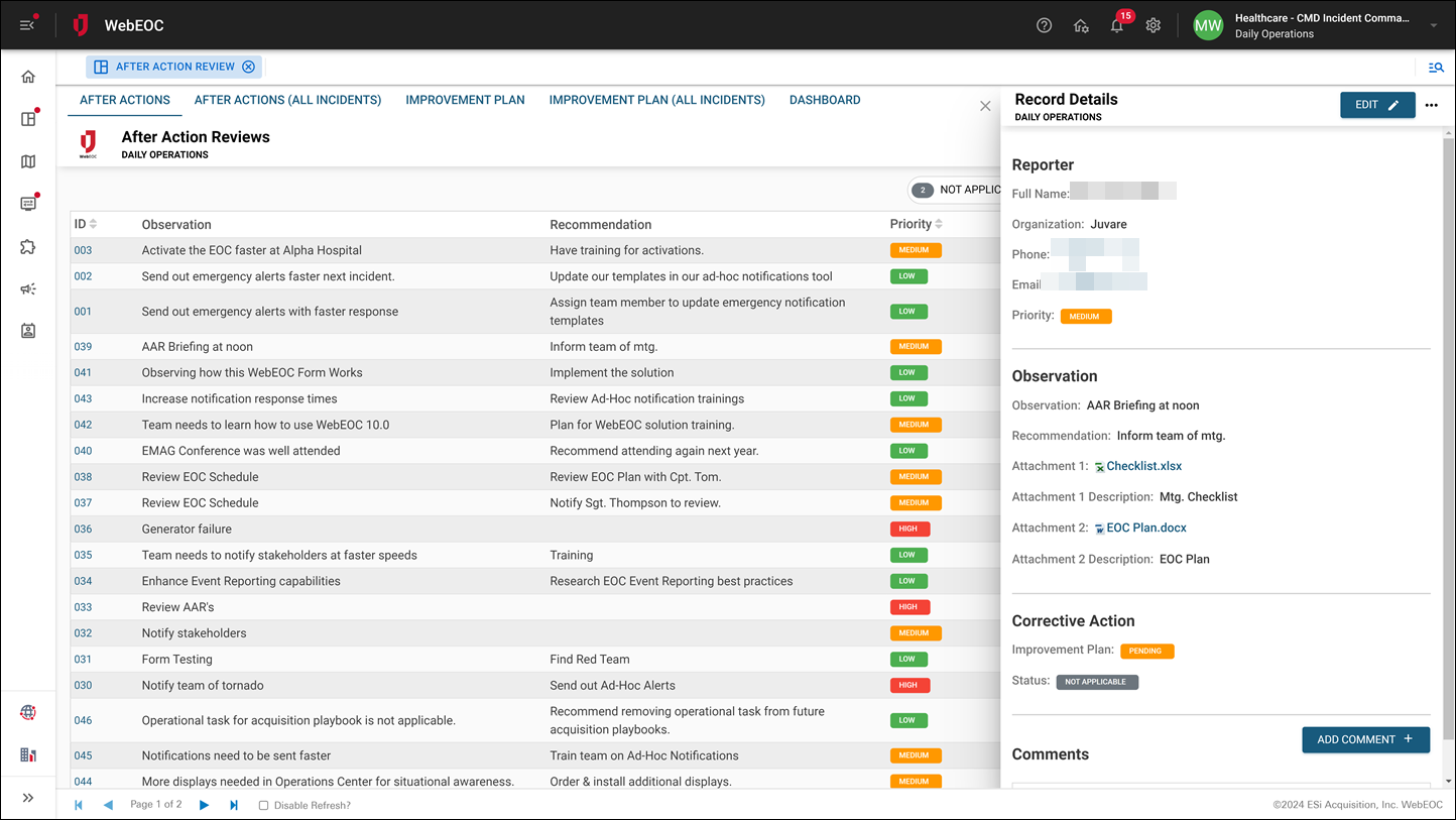 After Action Review details.