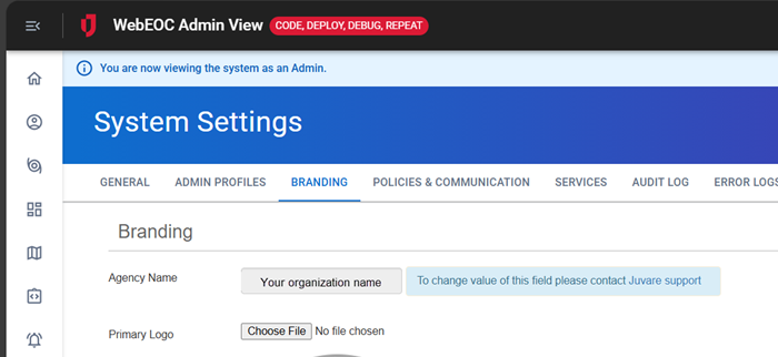 Branding tab Agency Information field