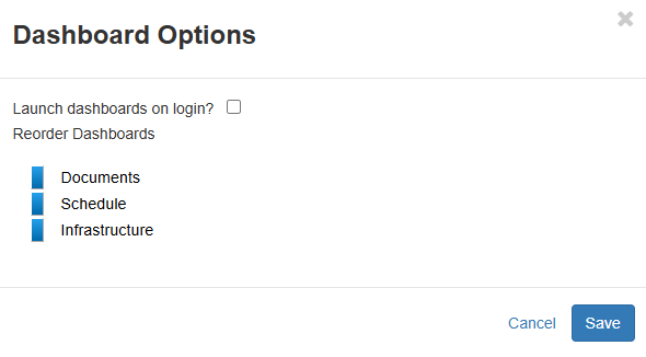 Dashboard options dialog
