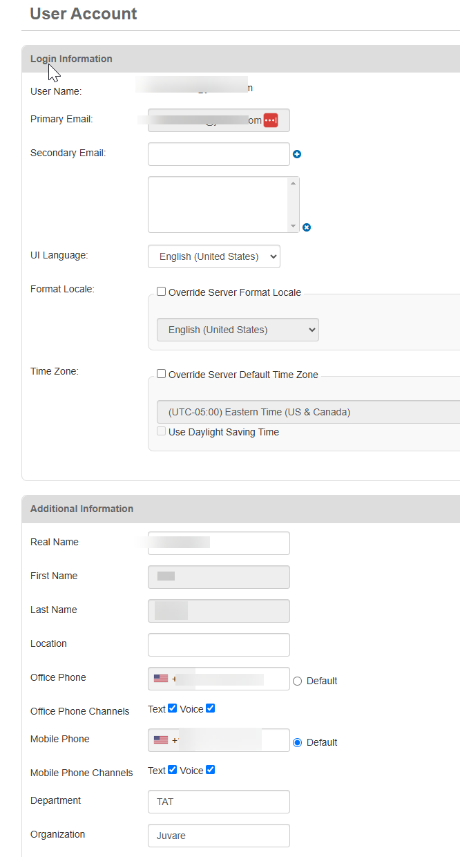 User Account Edit page with First and Last name unavailalbe to edit