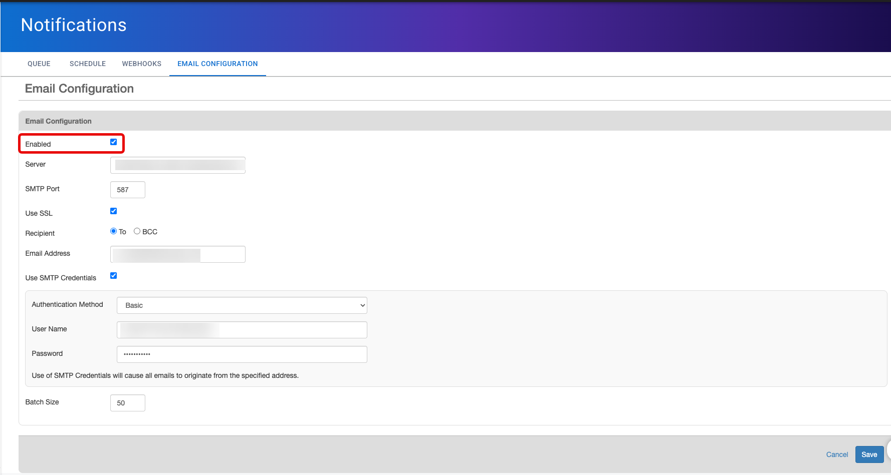 Email configuration tab, Enabled checkbox