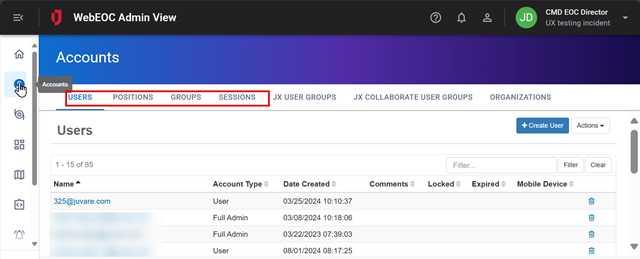 WebEOC Nexus Accounts page tabs layout