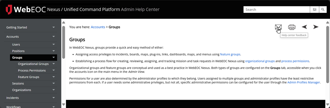 Help feedback icon in toolbar