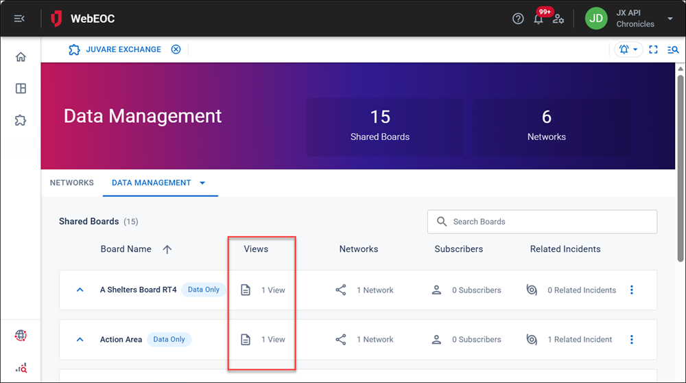 Data Managmement tab Owned Boards View column