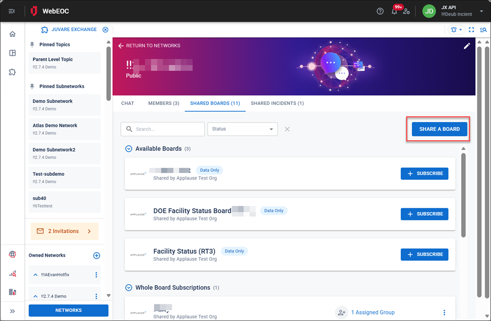 Networks page share a board option
