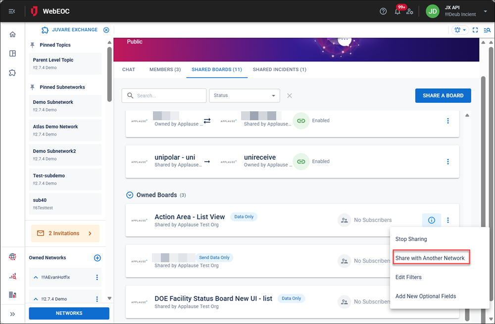 Networks page Share with another network option