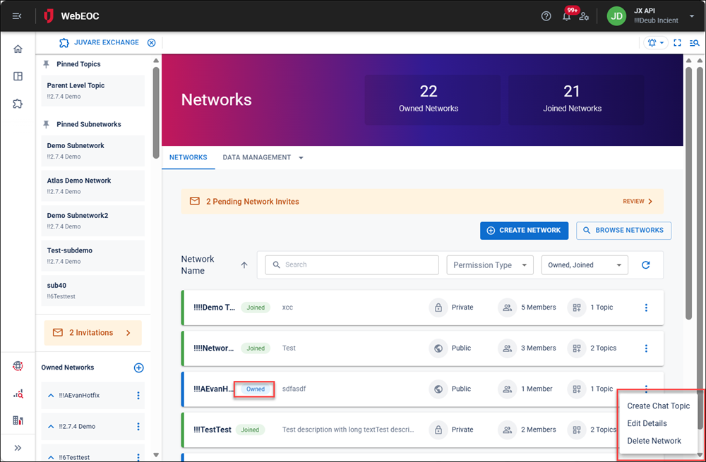 Networks page owned networks options