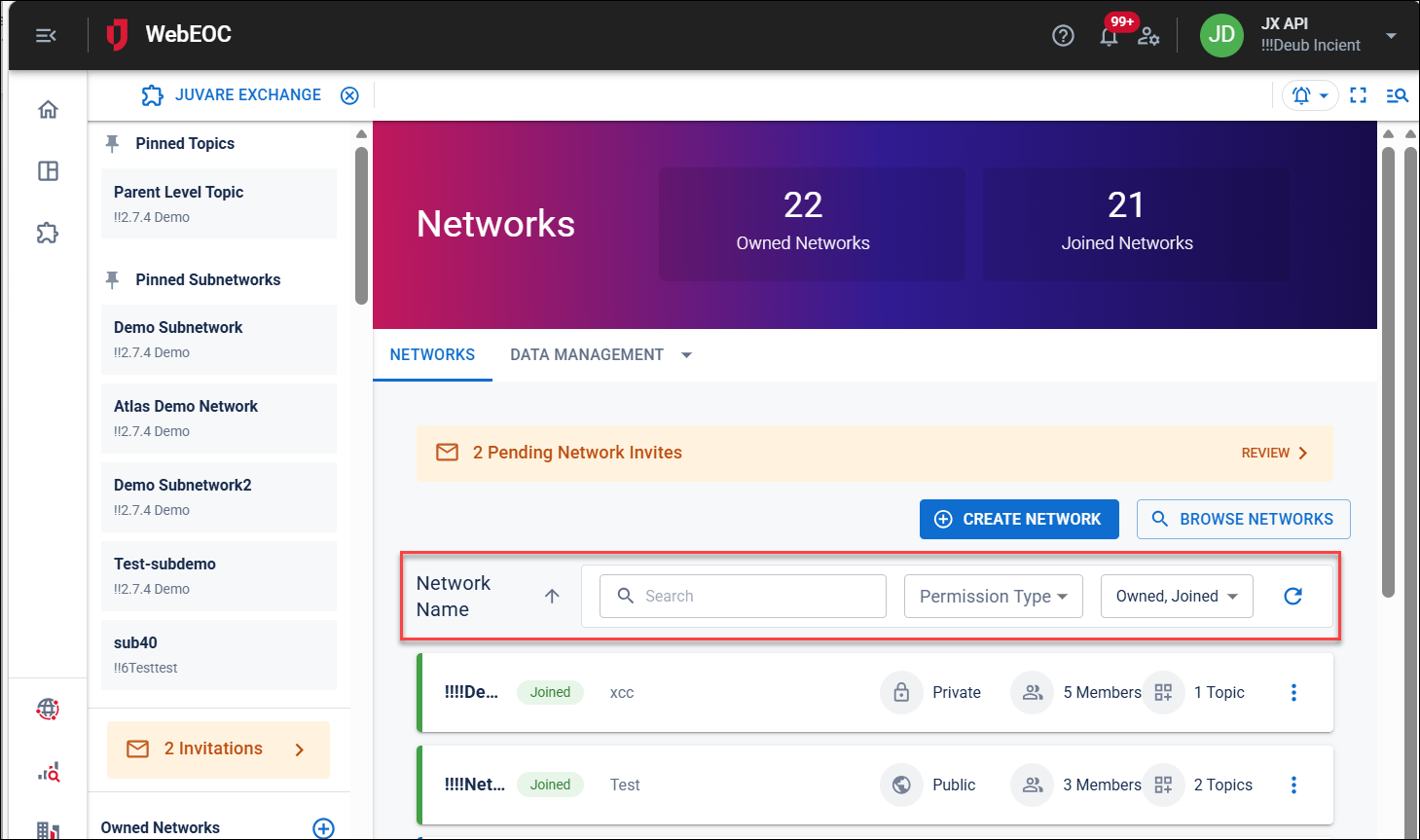 Networks page filters and search