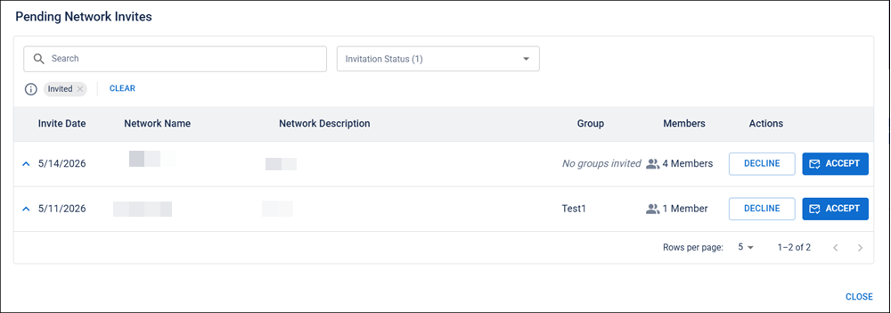 Pending Network Invites window