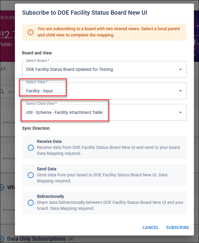 Subscribe to a board with a parent and child view