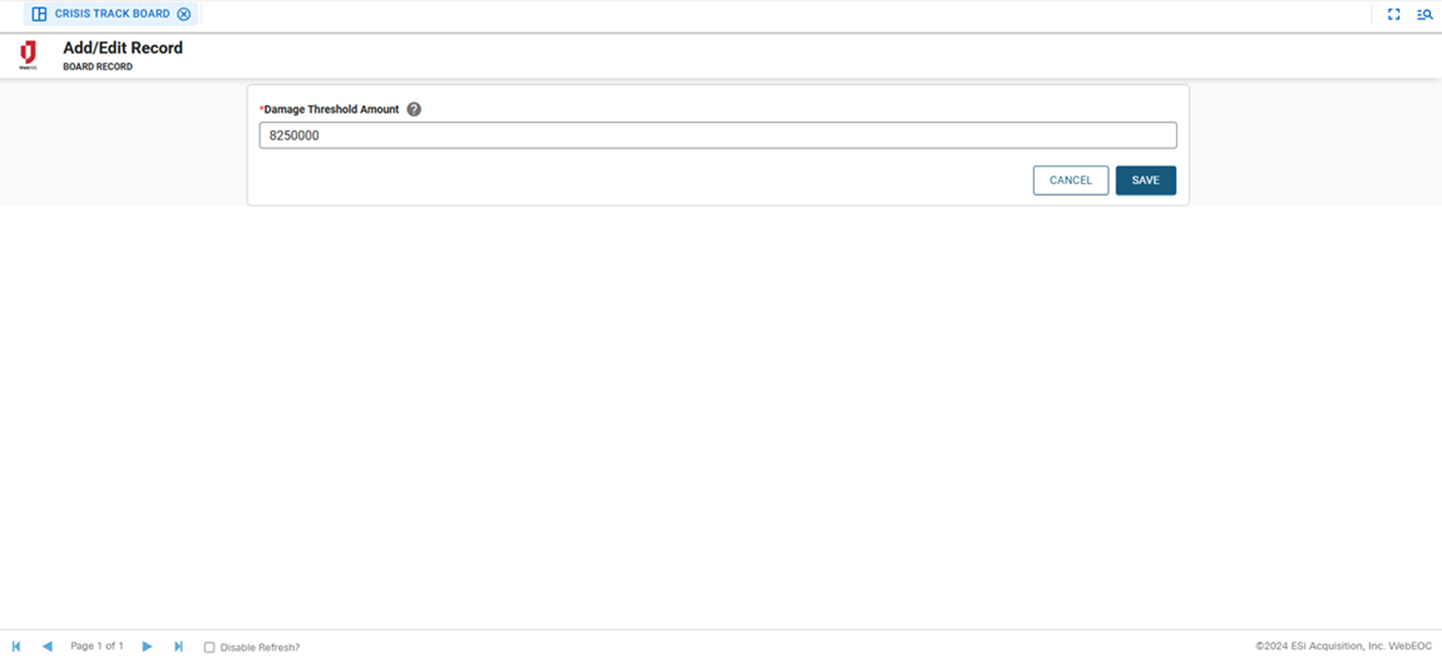 CrisisTrack Integration Dashboard Setting the Damage Threshold