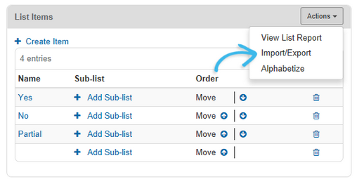 List Items Actions Menu