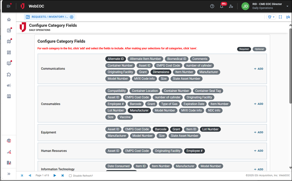 Configure Category Fields page