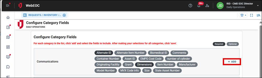 Configure Category Fields page Add button